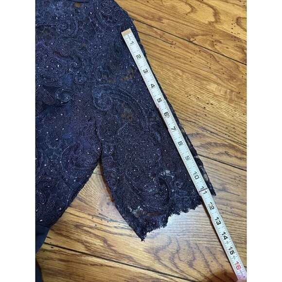 ADRIANNA Papell Blue Lace Dress Side Draped Ruched Sheer 3/4 Sleeve, Size 12 M5 - Picture 11 of 13